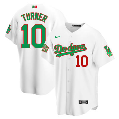 Men's Los Angeles Dodgers #10 Justin Turner White Green Mexico 2020 World Series Stitched Jersey